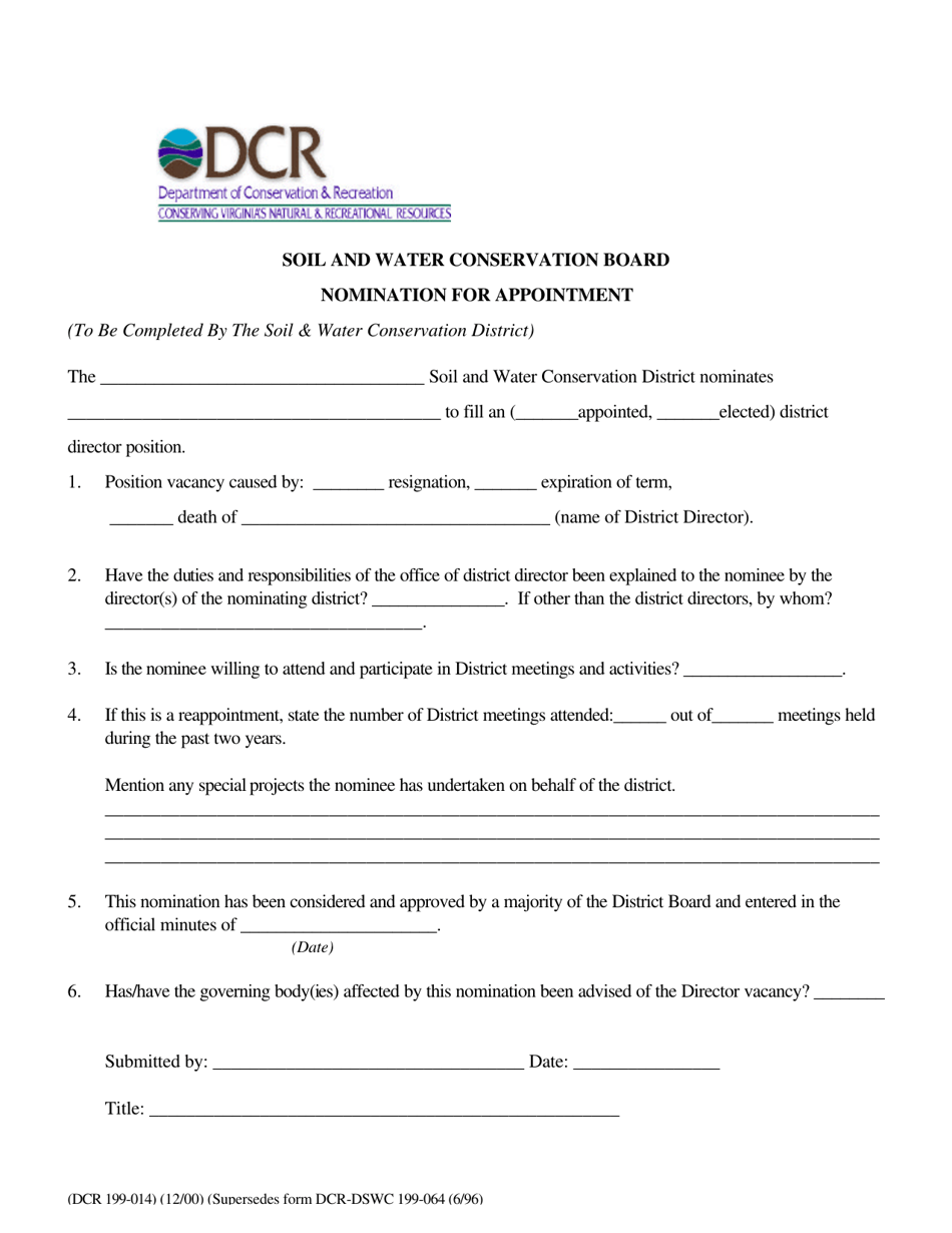 Form DCR199-014 Soil and Water Conservation Board Nomination for Appointment - Virginia, Page 1