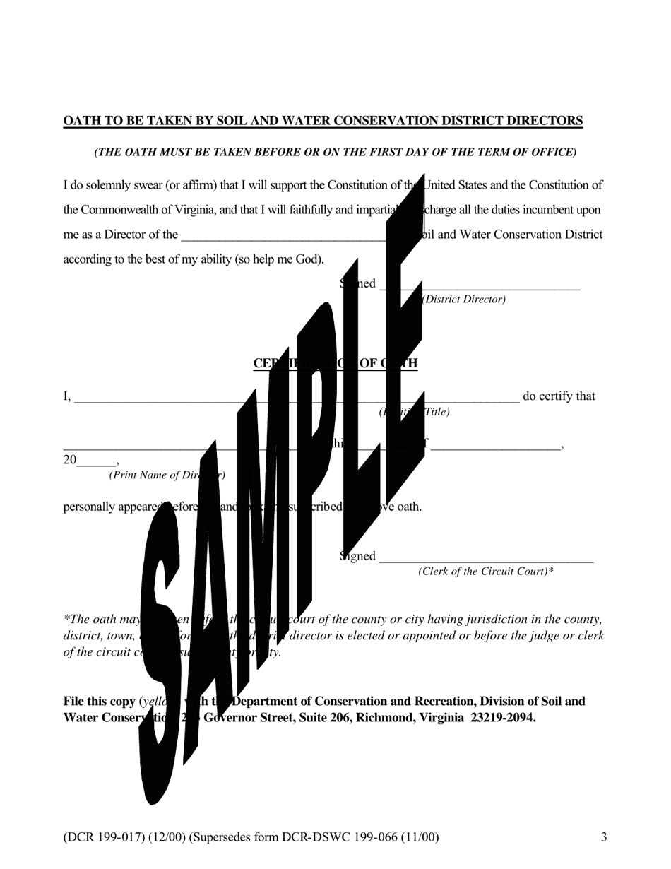 Sample Form DCR199-017 Oath to Be Taken by Soil and Water Conservation District Directors - Virginia, Page 3