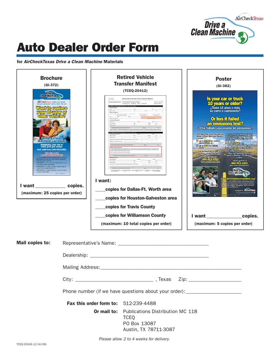 Form TCEQ-20416 Auto Dealer Order Form - Texas, Page 1