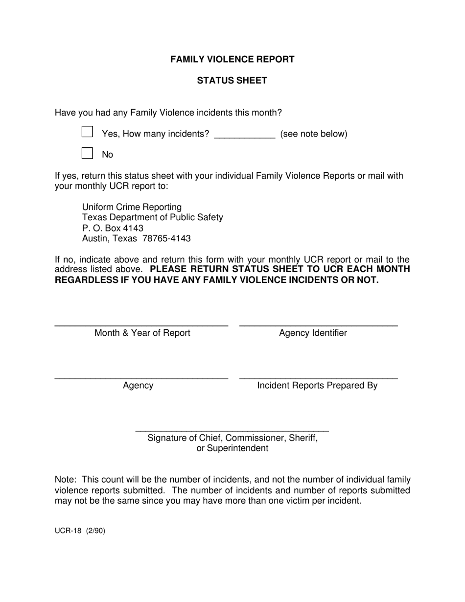 Form UCR-18 Family Violence Report Status Sheet - Texas, Page 1