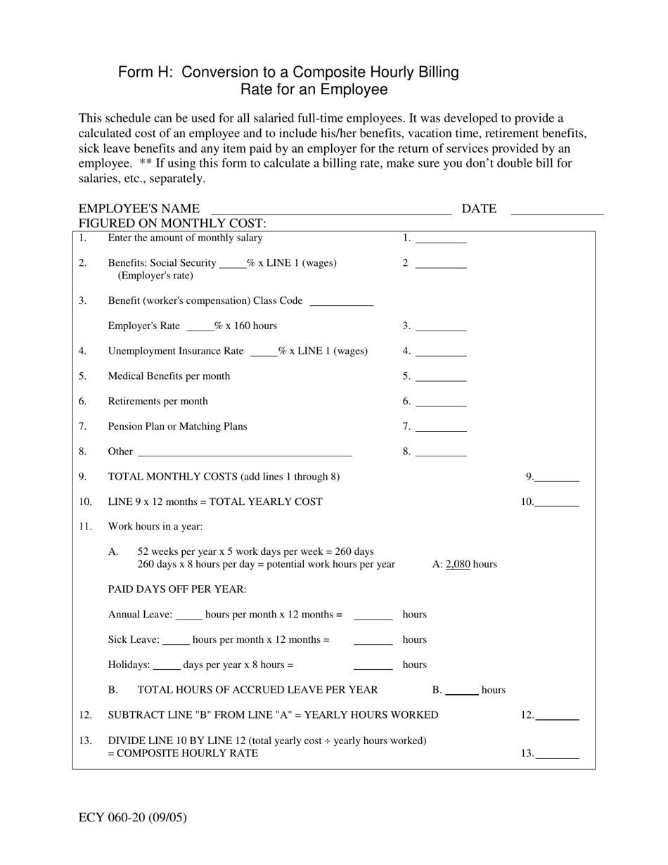 Form H (ECY060-20) Conversion to a Composite Hourly Billing Rate for an Employee - Washington, Page 1