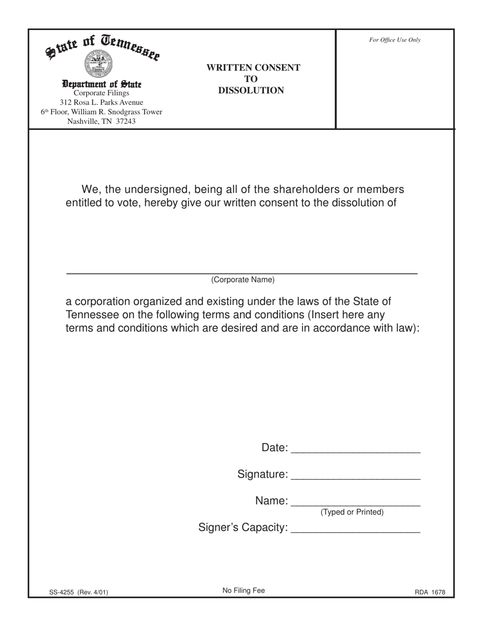 Form SS-4255 Written Consent to Dissolution - Tennessee, Page 1