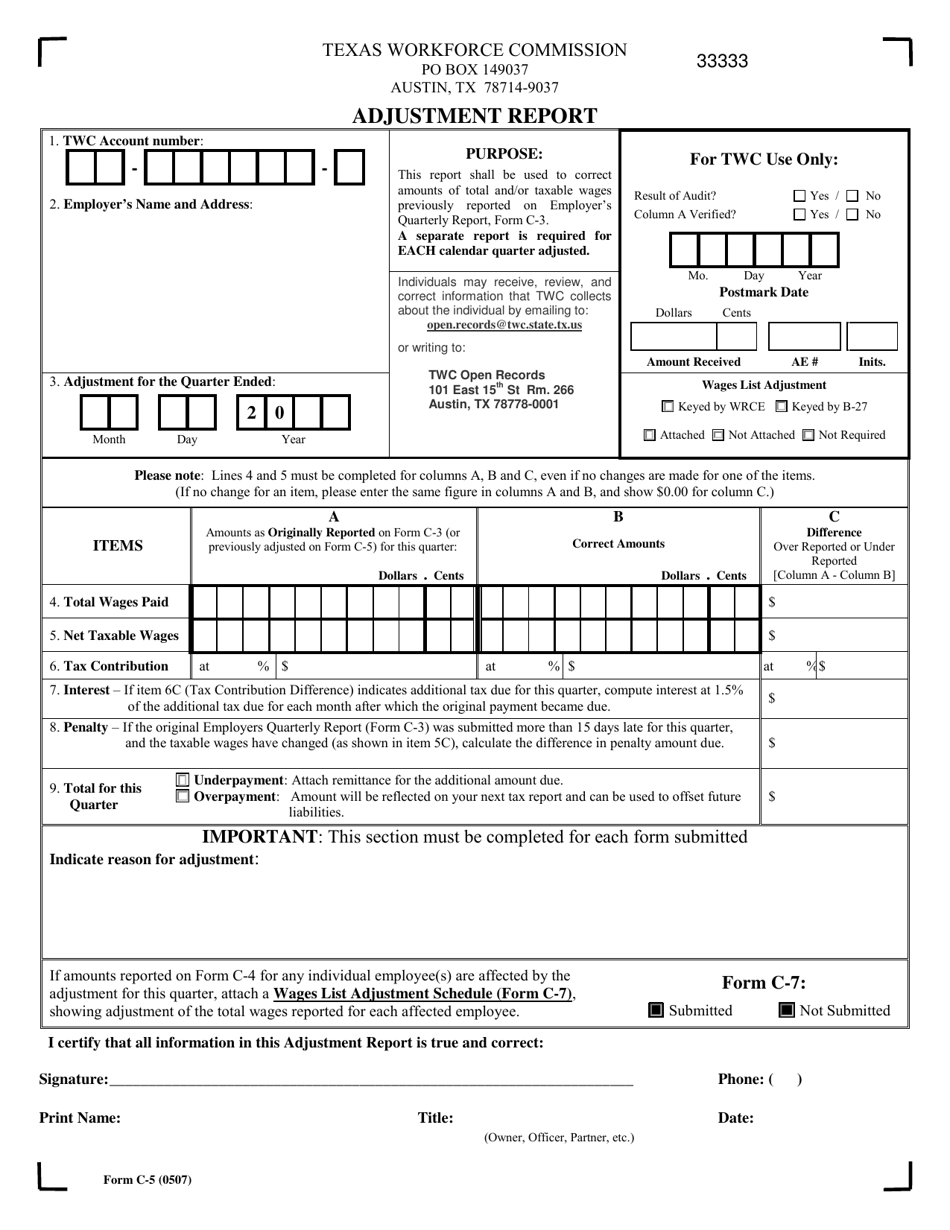 Form C-5 Adjustment Report - Texas, Page 1