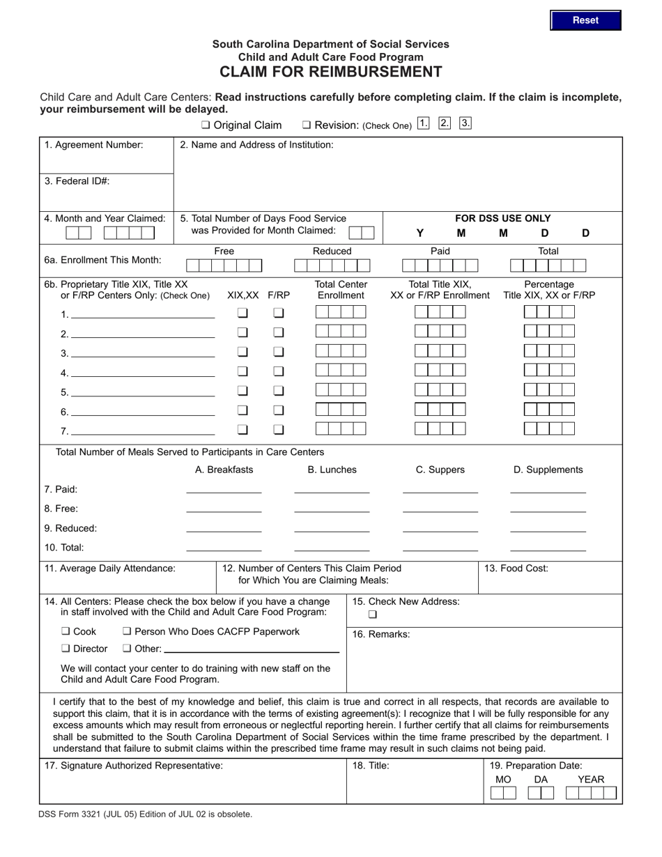 DSS Form 3321 Claim for Reimbursement - South Carolina, Page 1