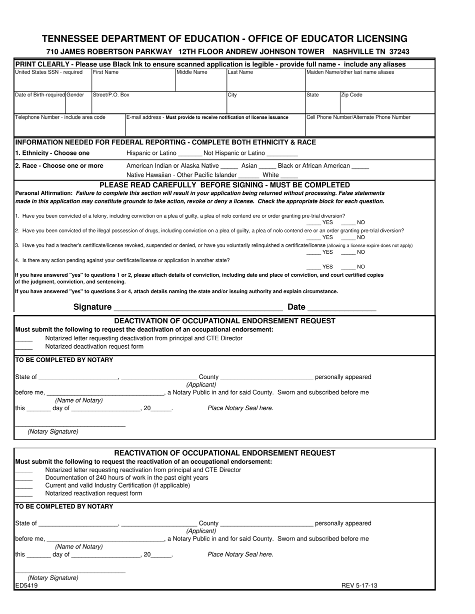 Form ED5419 Office of Educator Licensing - Tennessee, Page 1