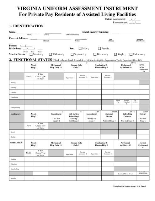 Form 032-02-0122-01 Uniform Assessment Instrument for Private Pay Residents of Assisted Living Facilities - Virginia