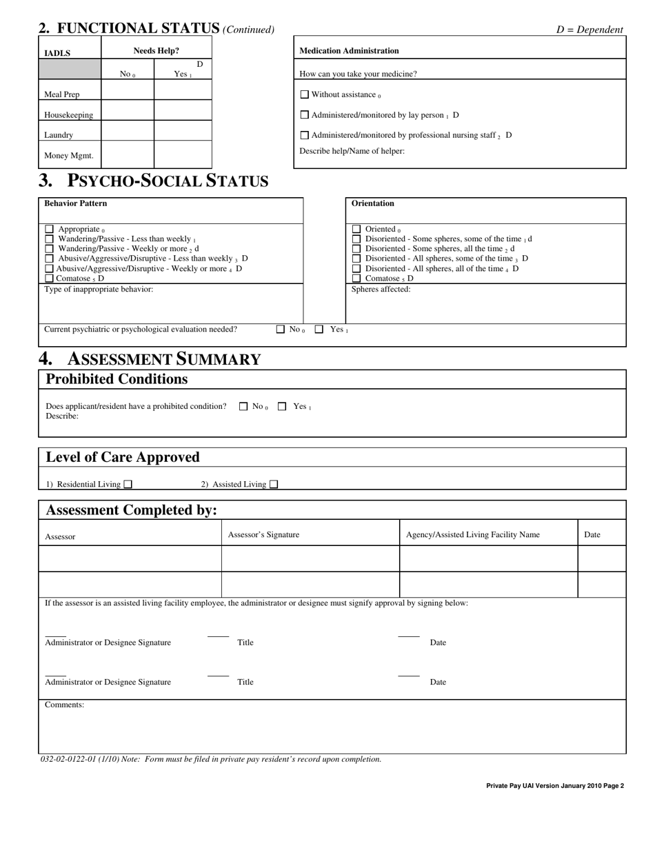 Form 032-02-0122-01 Uniform Assessment Instrument for Private Pay Residents of Assisted Living Facilities - Virginia, Page 2
