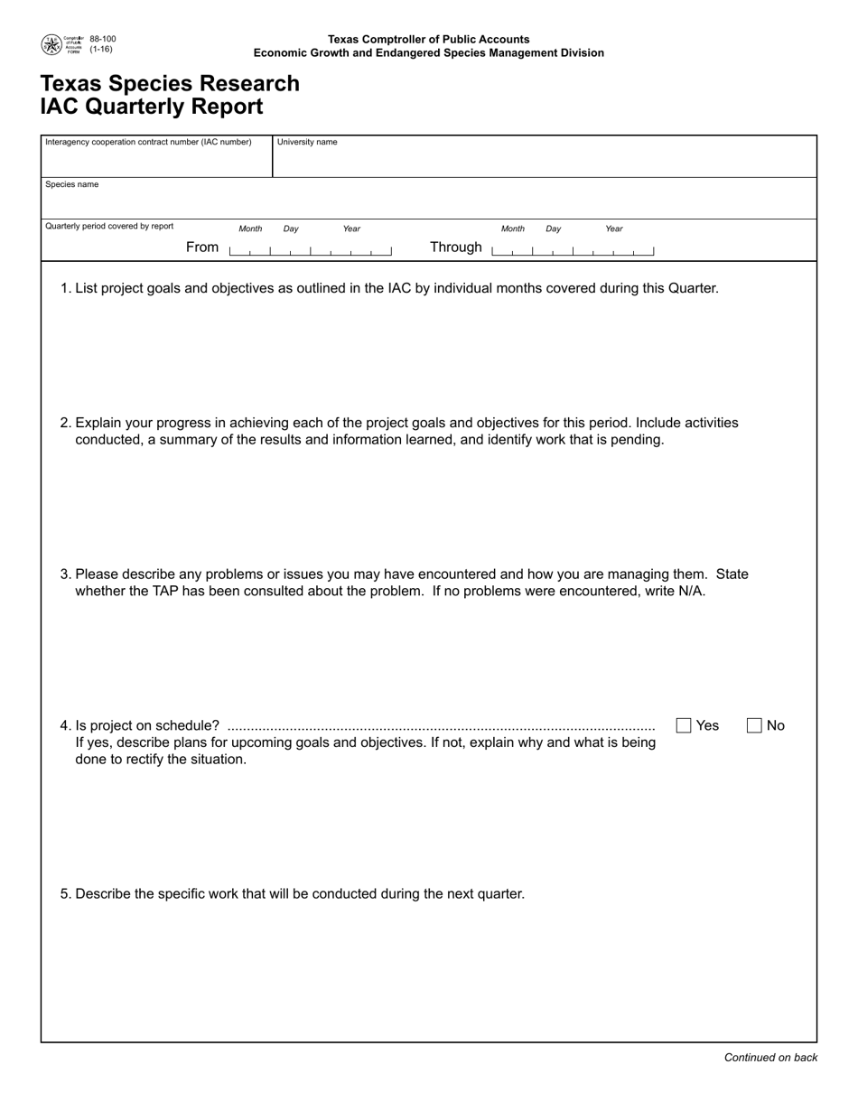 Form 88-100 Texas Species Research Iac Quarterly Report - Texas, Page 1