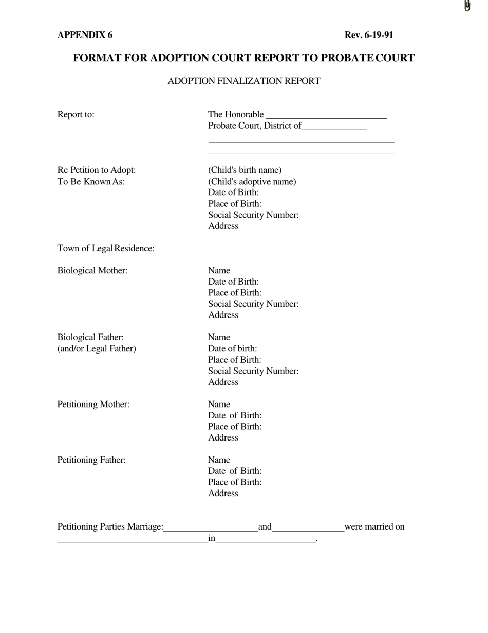Appendix 6 Format for Adoption Court Report to Probate Court - Vermont, Page 1
