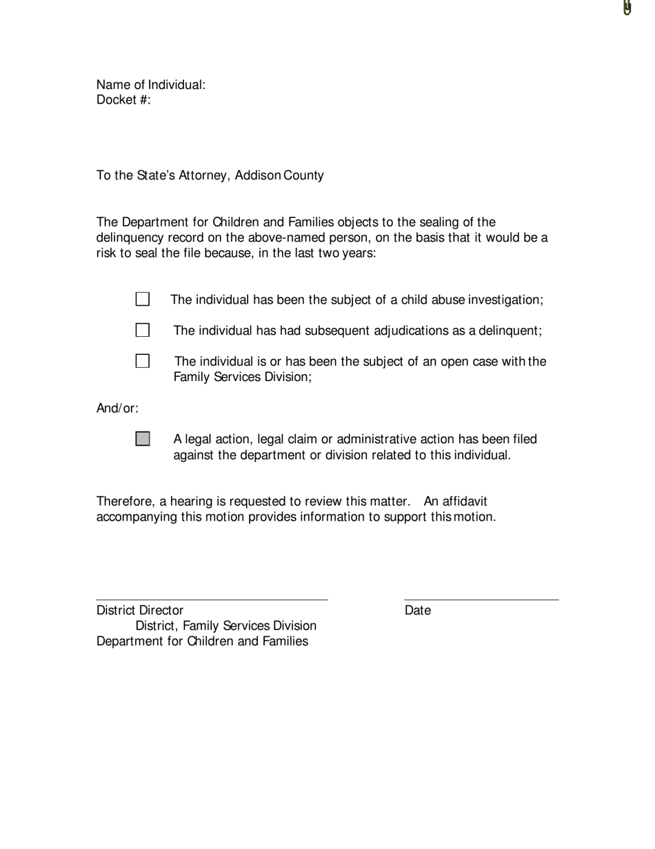 Sealed Record Objection Form - Vermont, Page 1