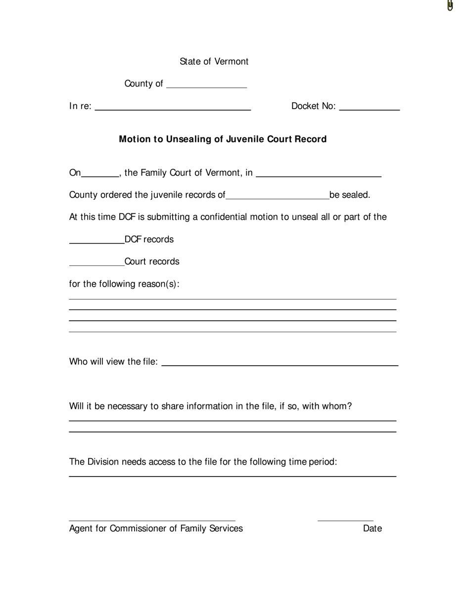 Vermont Motion to Unsealing of Juvenile Court Record Download Printable