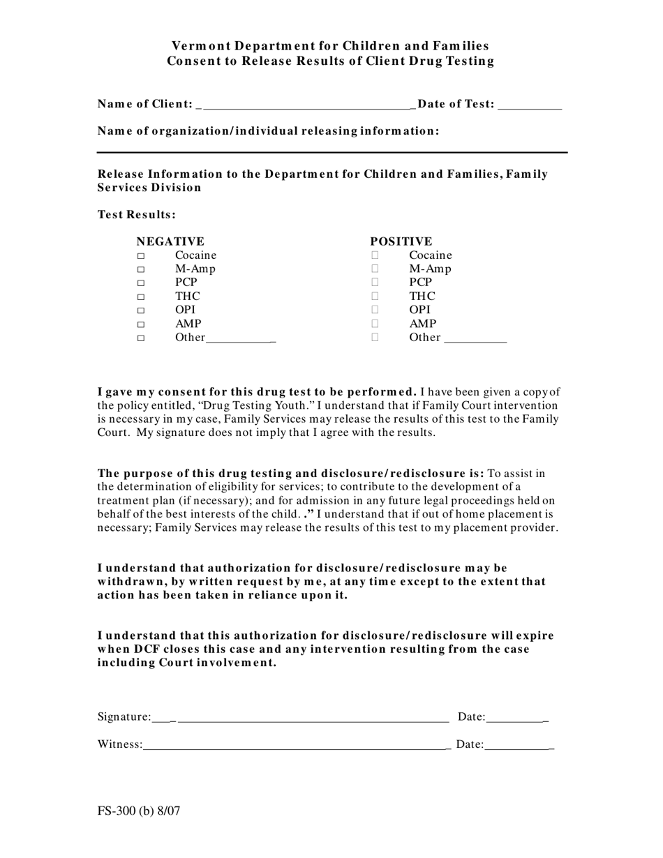 Form FS-300 (B) Consent to Release Results of Client Drug Testing - Vermont, Page 1
