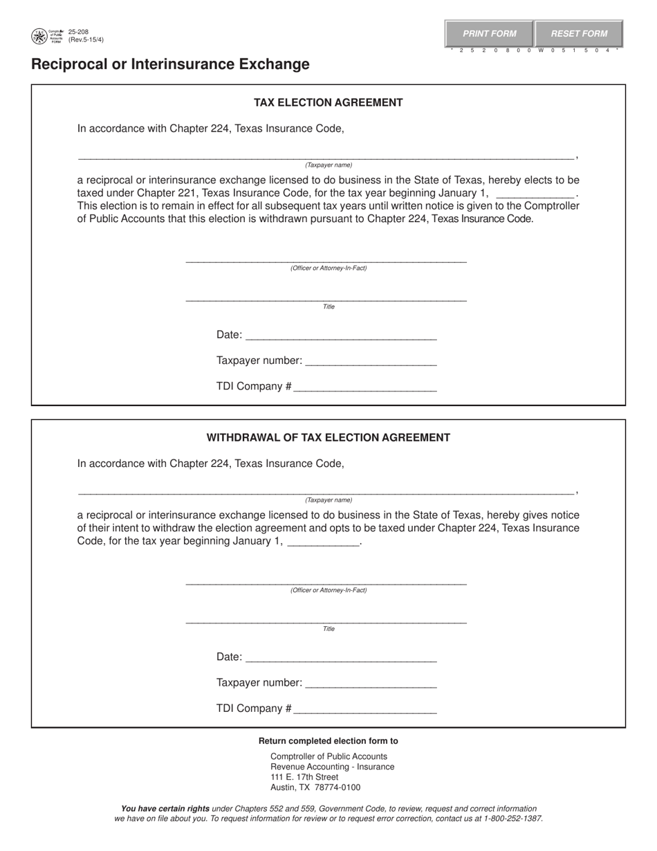 Form 25-208 Reciprocal or Interinsurance Exchange - Texas, Page 1