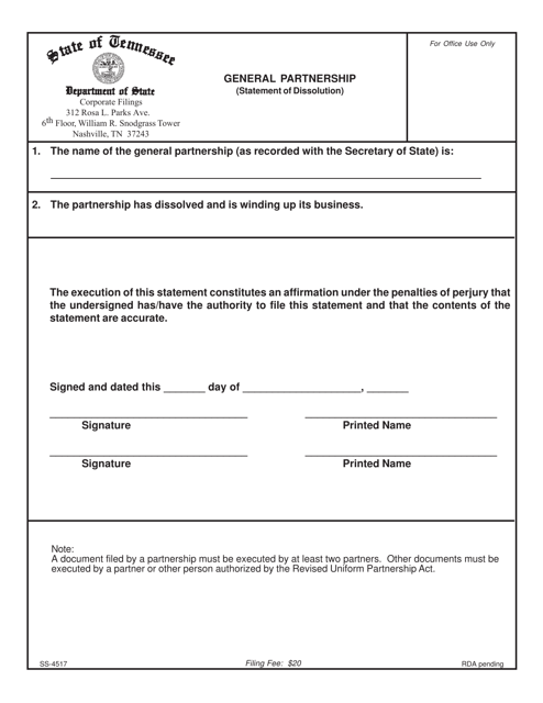 Form SS-4517 General Partnership (Statement of Dissolution) - Tennessee