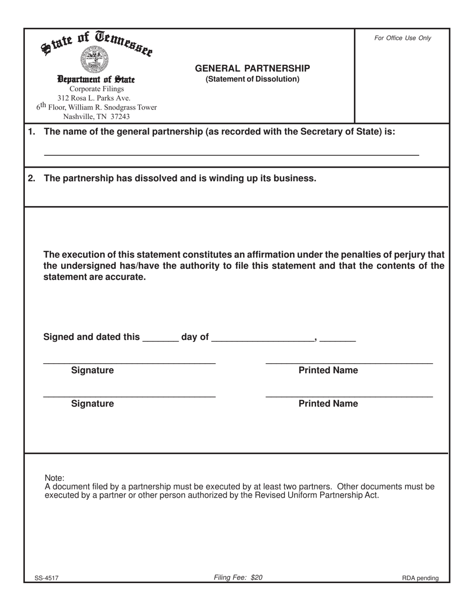 Form SS-4517 General Partnership (Statement of Dissolution) - Tennessee, Page 1
