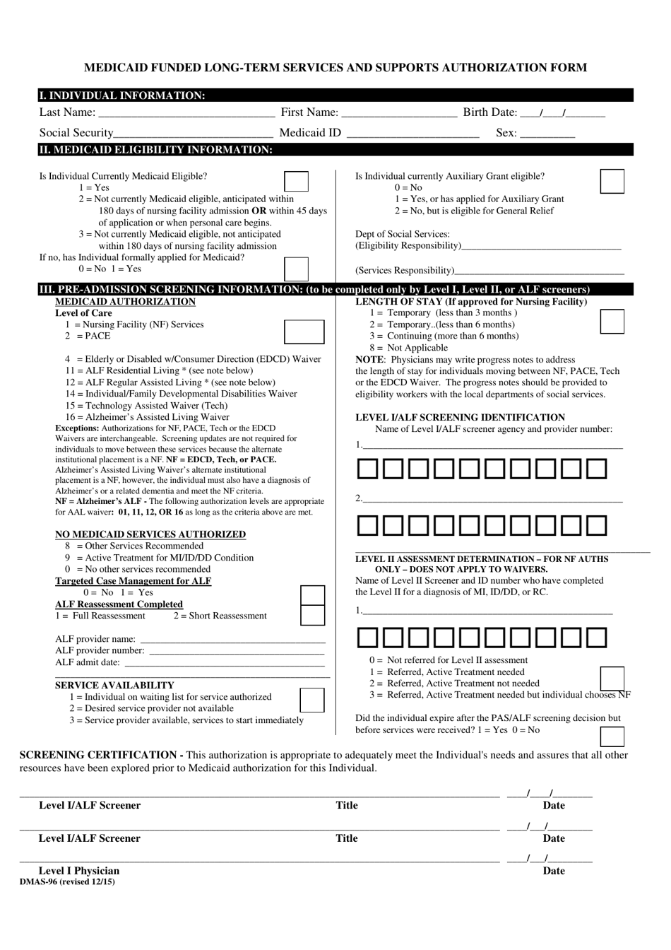 Form DMAS-96 Medicaid Funded Long-Term Services and Supports Authorization Form - Virginia, Page 1