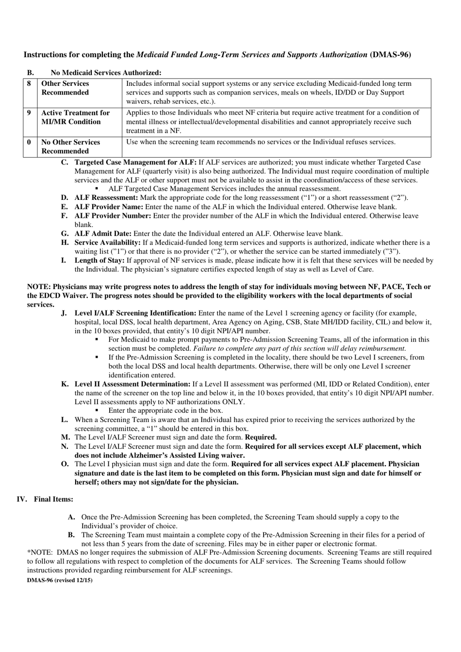 Form DMAS-96 Medicaid Funded Long-Term Services and Supports Authorization Form - Virginia, Page 3