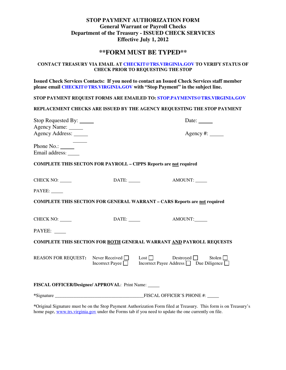 Stop Payment Request Form - Virginia, Page 1