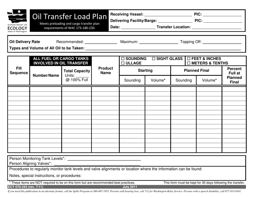 Form ECY070-243 Oil Transfer Load Plan - Washington