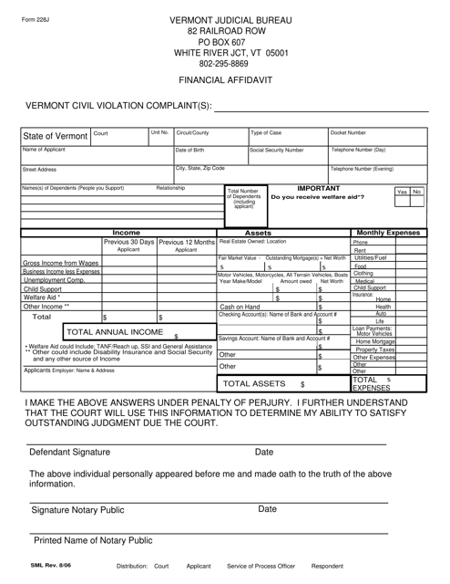 Form 228J Financial Affidavit - Vermont