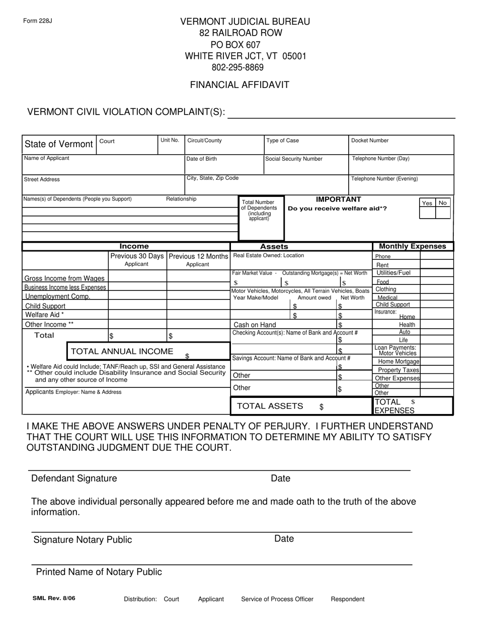 Form 228J Financial Affidavit - Vermont, Page 1