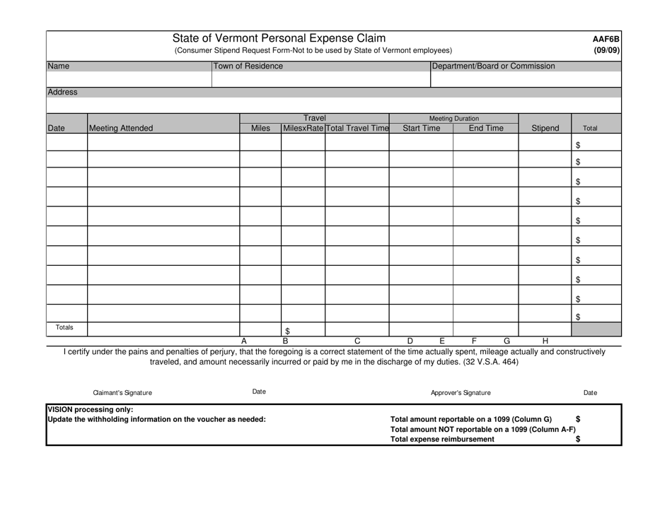 Form AAF6B Personal Expense Claim - Vermont, Page 1