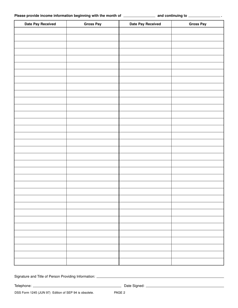 DSS Form 1245 Request for Wage Information - South Carolina, Page 2