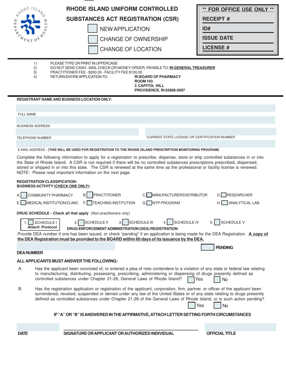 Rhode Island Uniform Controlled Substances Act Registration (Csr) - Rhode Island, Page 1
