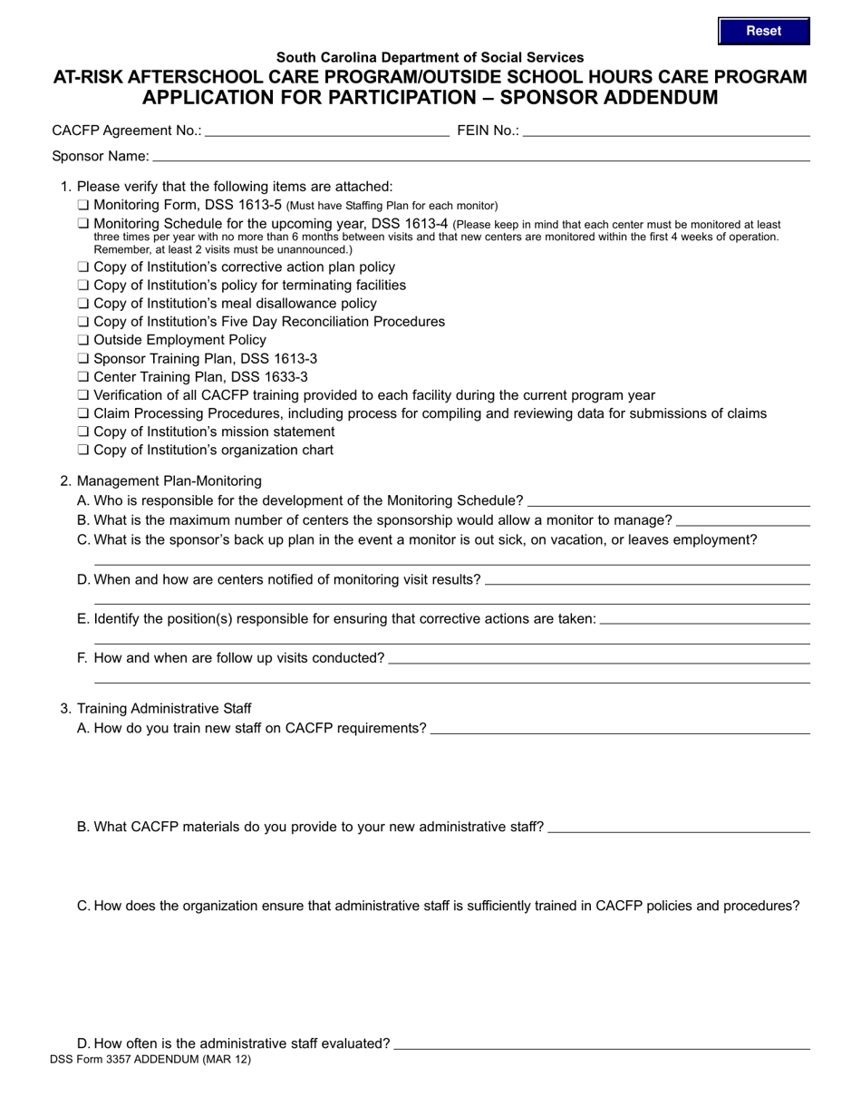 DSS Form 3357 ADDEN At-Risk Afterschool Care Program / Outside School Hours Care Program Application for Participation - Sponsor Addendum - South Carolina, Page 1