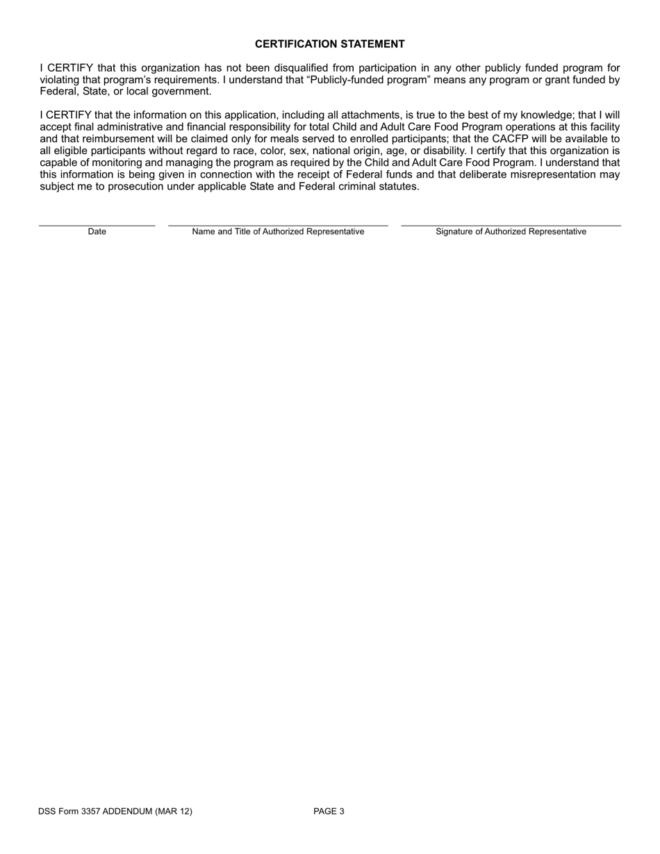 DSS Form 3357 ADDEN At-Risk Afterschool Care Program / Outside School Hours Care Program Application for Participation - Sponsor Addendum - South Carolina, Page 3