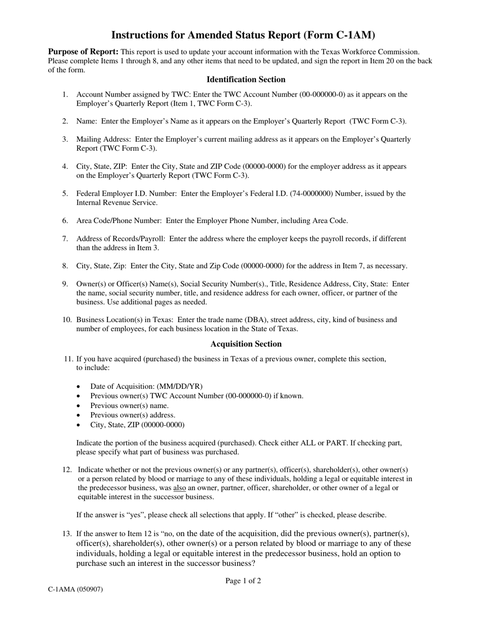 Instructions for Form C-1AM Amended Status Report - Texas, Page 1