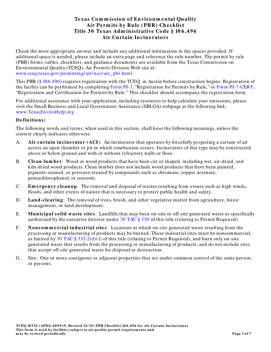 Form 10536 Air Permits by Rule (Pbr) Checklist - Air Curtain Incinerators - Texas, Page 1