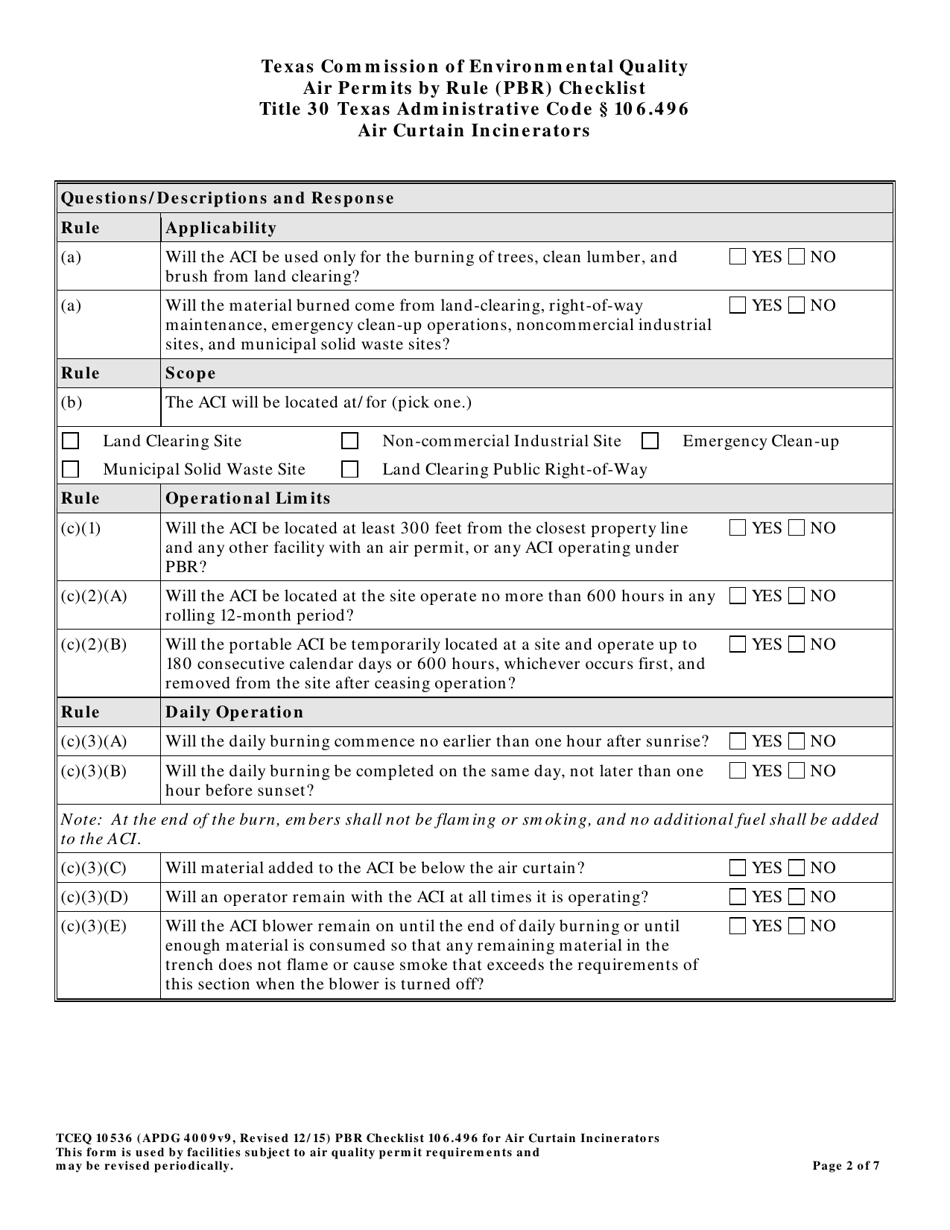 Form 10536 Air Permits by Rule (Pbr) Checklist - Air Curtain Incinerators - Texas, Page 2
