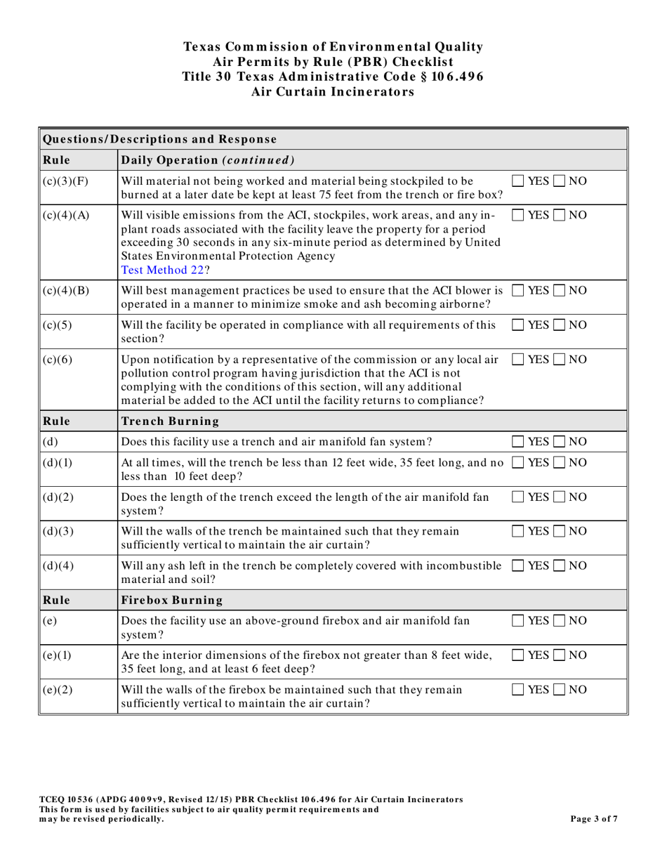 Form 10536 Air Permits by Rule (Pbr) Checklist - Air Curtain Incinerators - Texas, Page 3