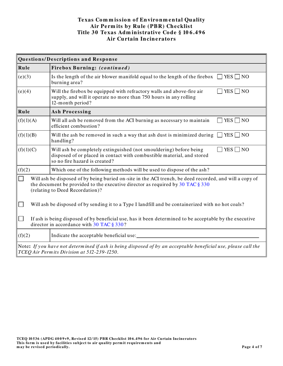 Form 10536 Air Permits by Rule (Pbr) Checklist - Air Curtain Incinerators - Texas, Page 4