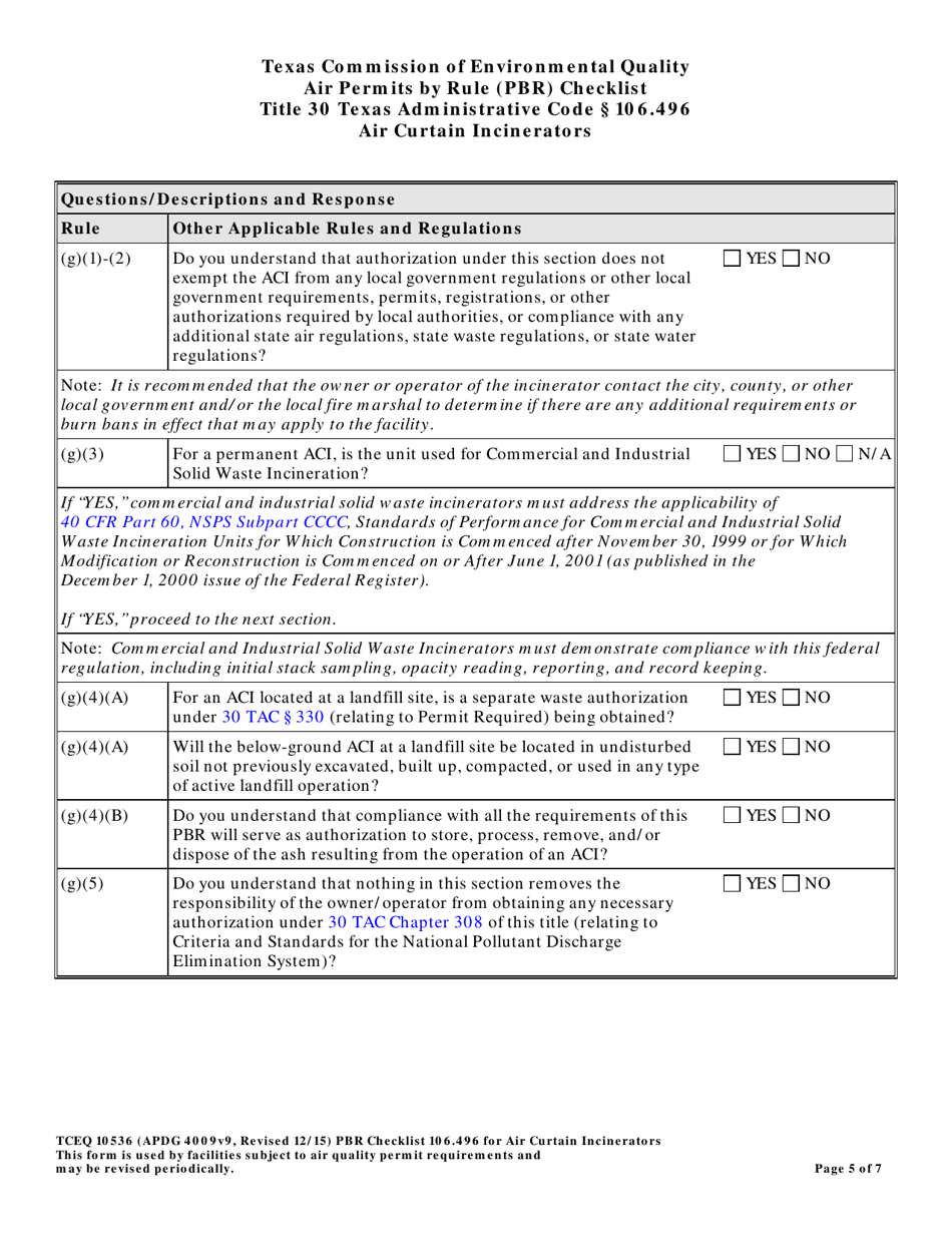 Form 10536 Air Permits by Rule (Pbr) Checklist - Air Curtain Incinerators - Texas, Page 5