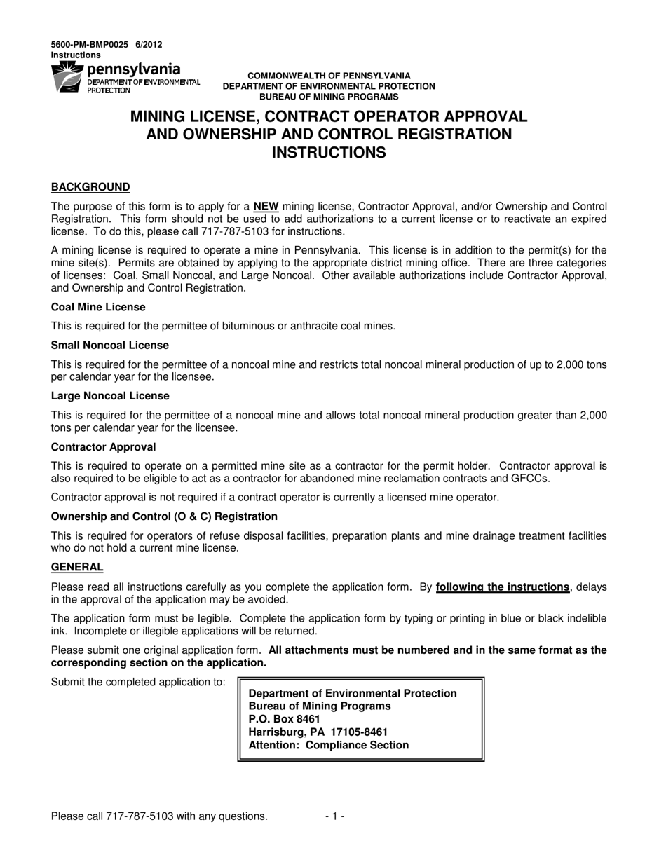 Instructions for Form 5600-PM-BMP0025 Mining License, Contract Operator Approval and Ownership and Control Registration - Pennsylvania, Page 1