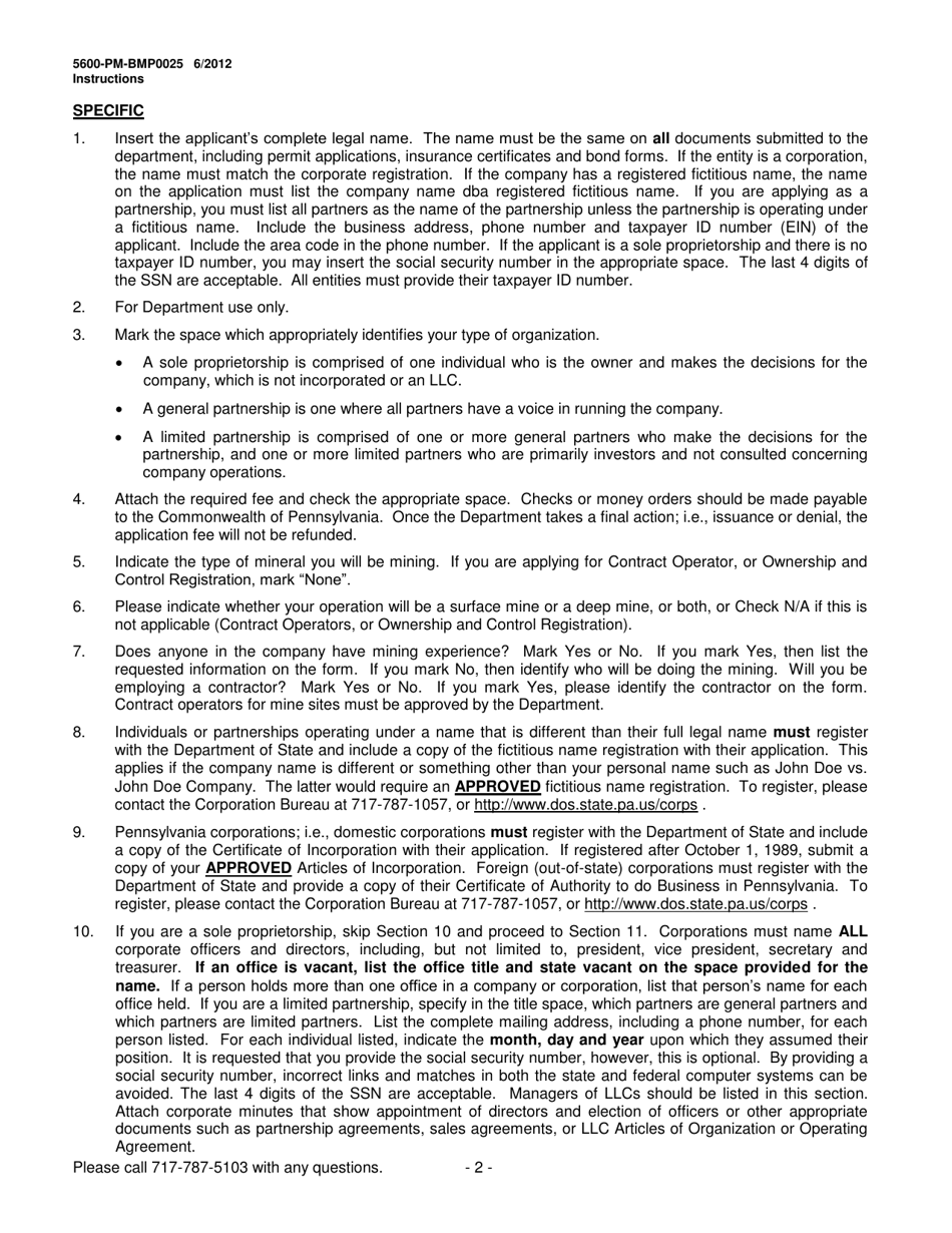 Instructions for Form 5600-PM-BMP0025 Mining License, Contract Operator Approval and Ownership and Control Registration - Pennsylvania, Page 2