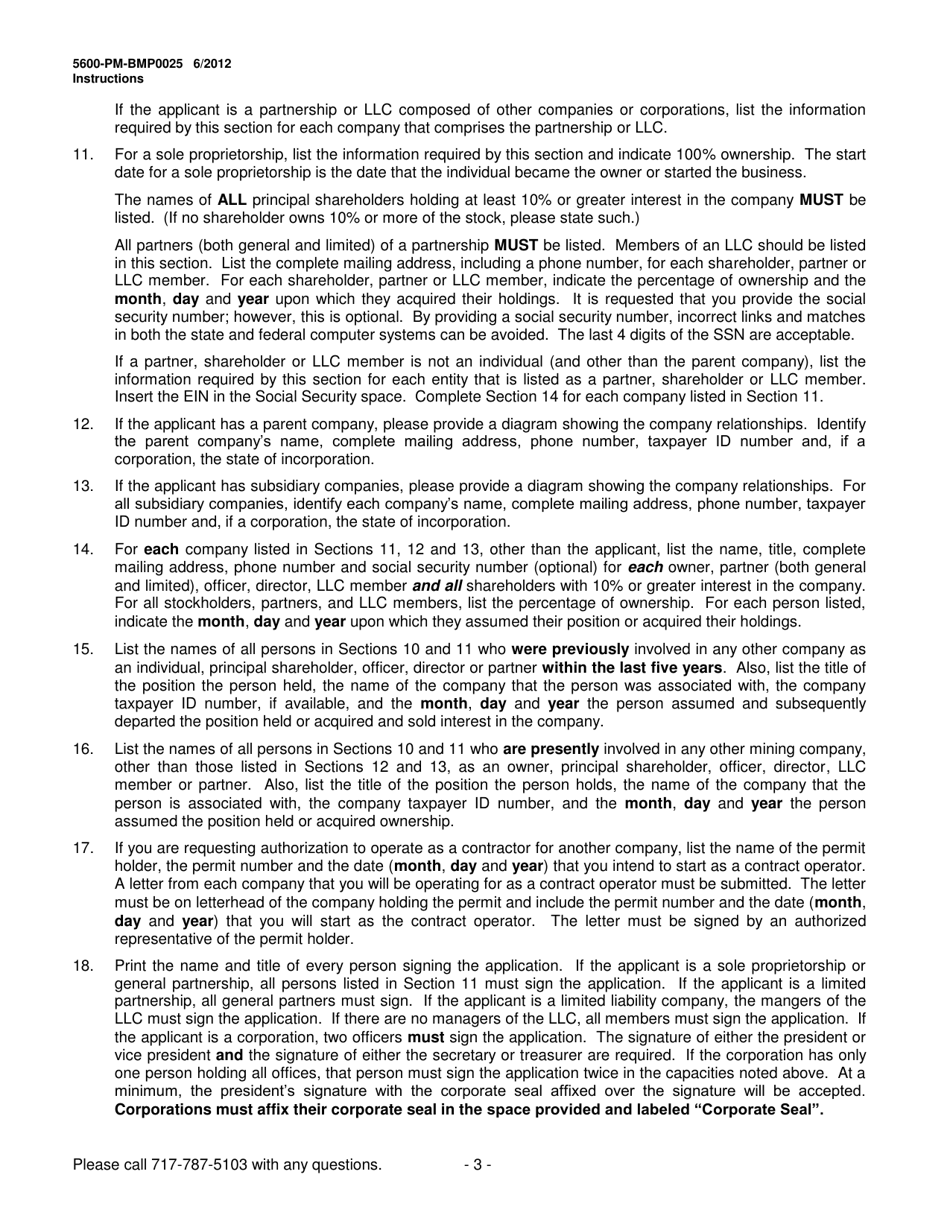 Instructions for Form 5600-PM-BMP0025 Mining License, Contract Operator Approval and Ownership and Control Registration - Pennsylvania, Page 3