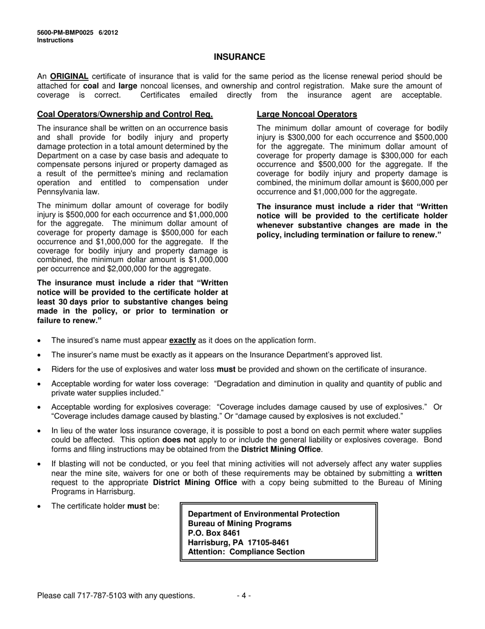 Instructions for Form 5600-PM-BMP0025 Mining License, Contract Operator Approval and Ownership and Control Registration - Pennsylvania, Page 4