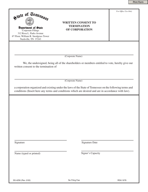 Form SS-4256 Written Consent to Termination of Corporation - Tennessee