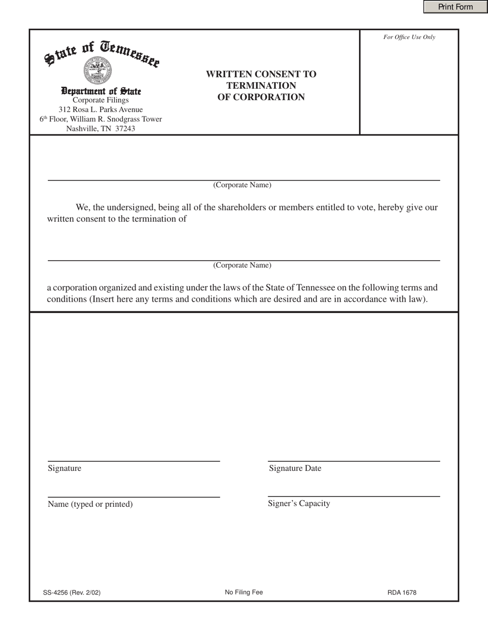 Form SS-4256 Written Consent to Termination of Corporation - Tennessee, Page 1