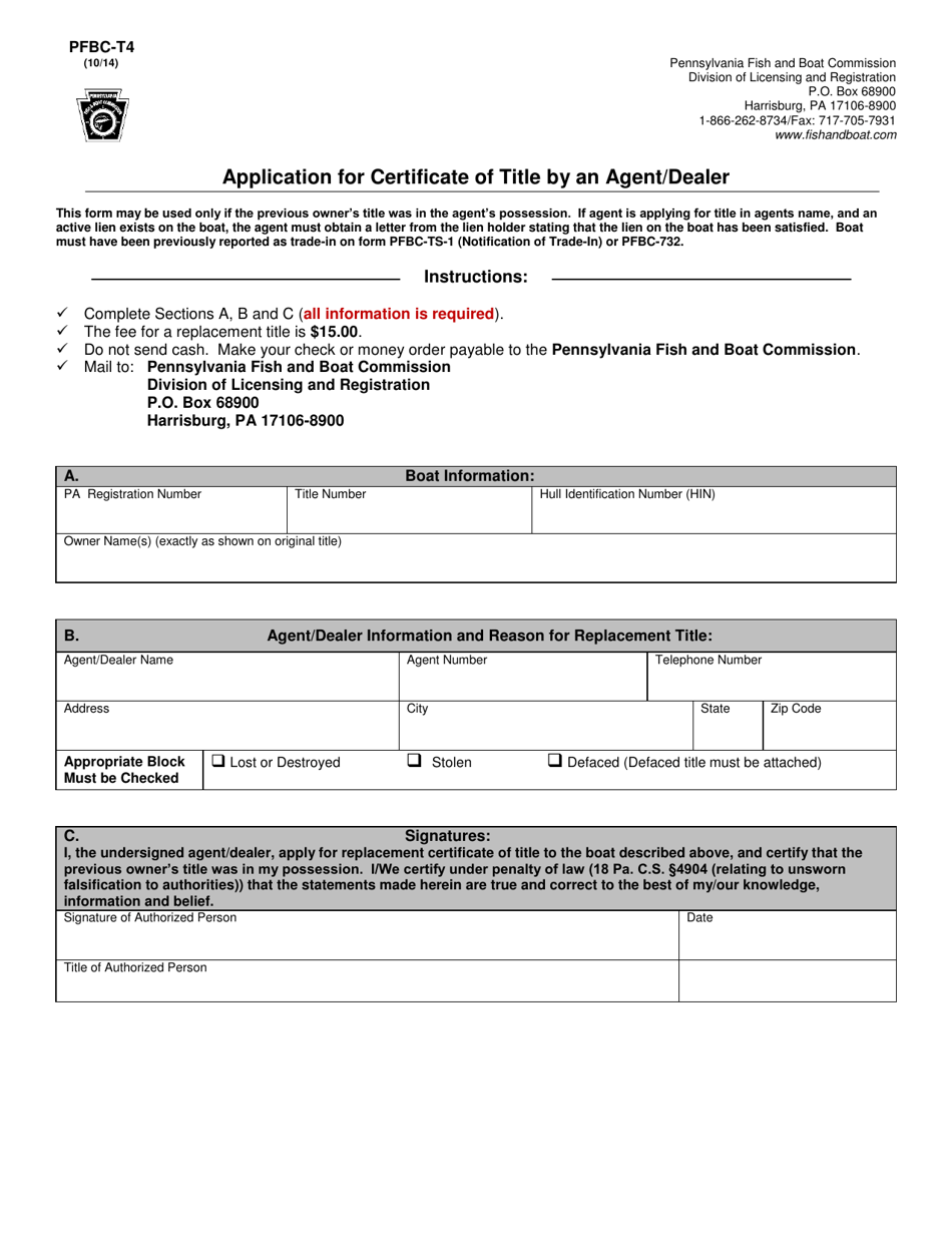 Form PFBC-T4 Application for Certificate of Title by an Agent / Dealer - Pennsylvania, Page 1