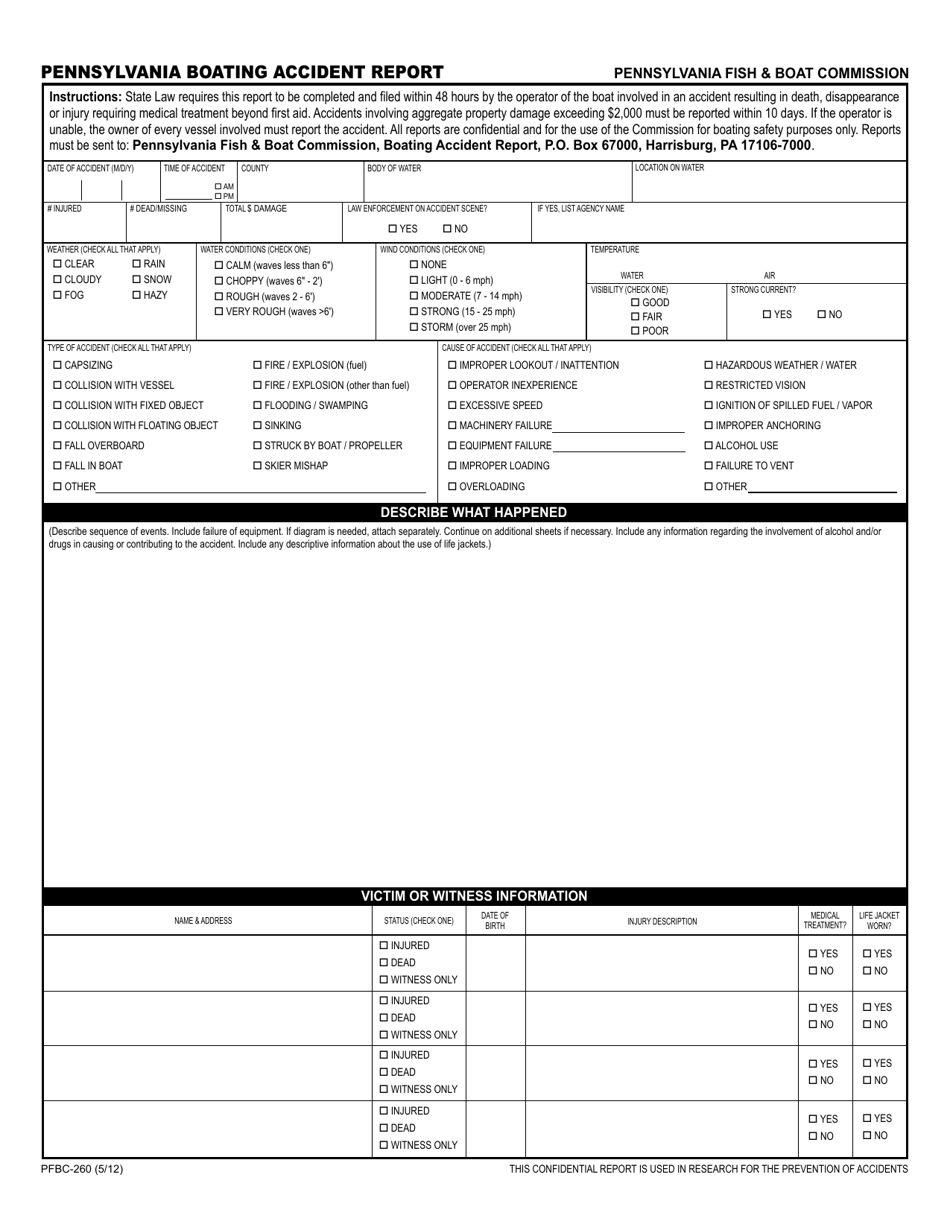 Form PFBC-260 Pennsylvania Boating Accident Report - Pennsylvania, Page 1