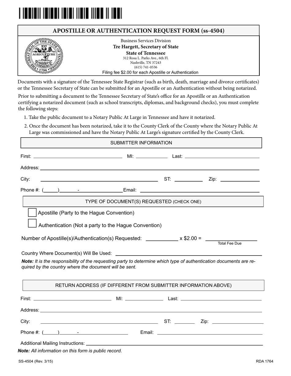 Form SS-4504 Apostille or Authentication Request Form - Tennessee, Page 1
