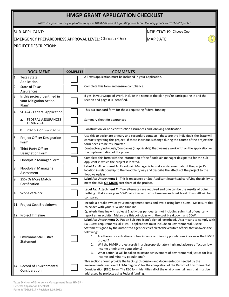 Form TDEM-617 Hmgp Grant Application Checklist - Texas, Page 1