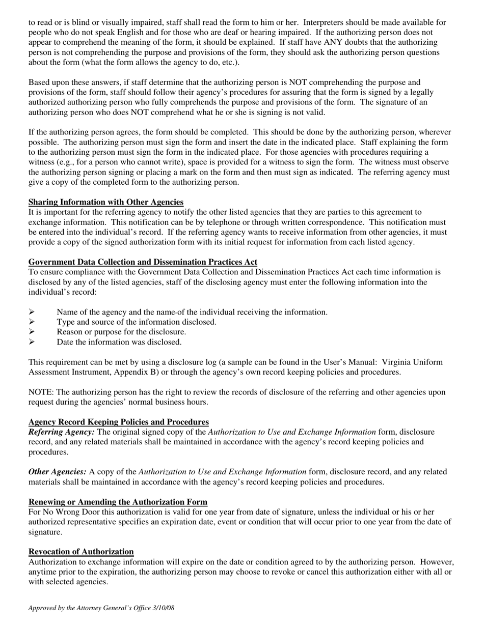 Form 032-01-0005-02 Uniform Authorization to Use and Exchange Information - Virginia, Page 2