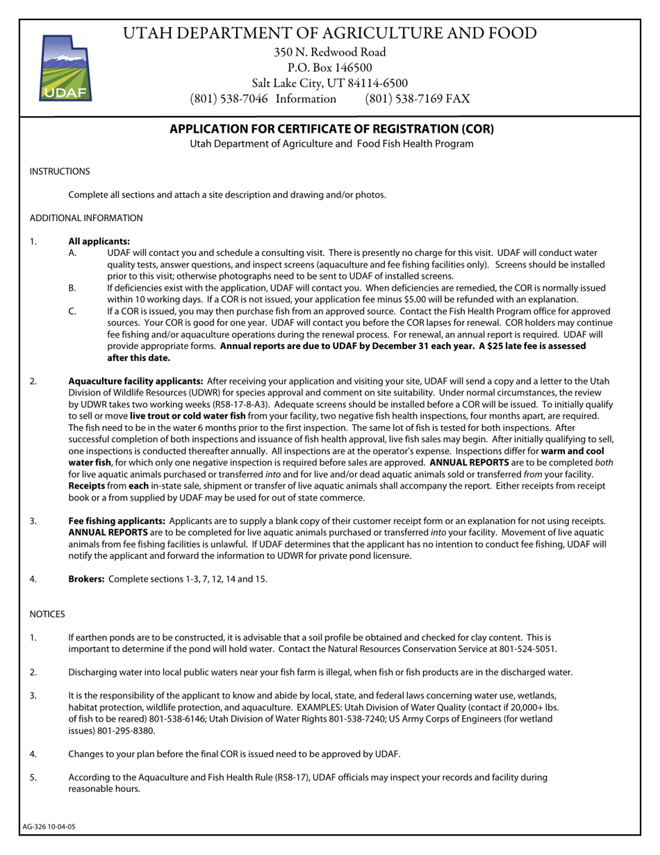 Form AG-326 Application for Certificate of Registration (Cor) - Utah, Page 1