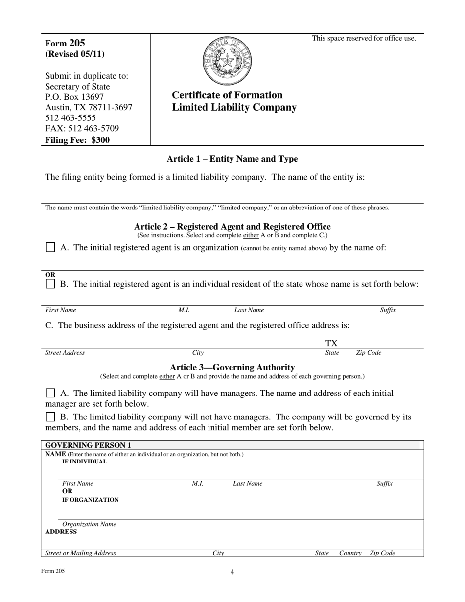 Form 205 Certificate of Formation - Limited Liability Company - Texas, Page 4
