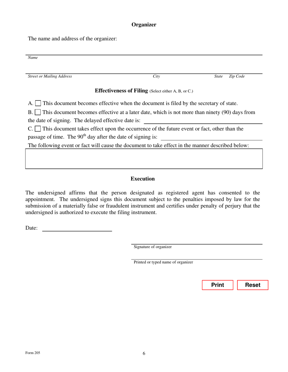 Form 205 Certificate of Formation - Limited Liability Company - Texas, Page 6